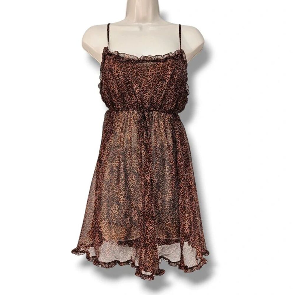 Vintage Victoria’s Secret Leopard Print Ruffle Sheer Mesh Babydoll Slip Dress L